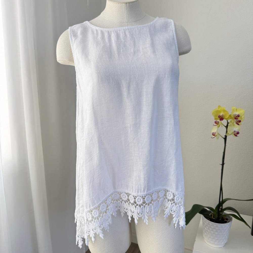 Terzo Millennio White Linen Lace Trim Sleeveless Top Made in Italy Womens Small
